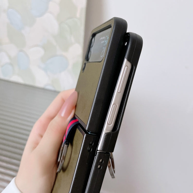 Two-color Cowhide Texture Protective Phone Case with Ring Buckle, For Samsung Galaxy Z Flip4