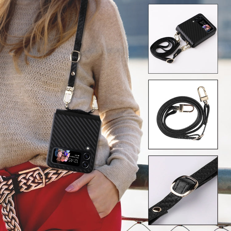 Carbon Fiber Texture Phone Case With Lanyard, For Samsung Galaxy Z Flip4
