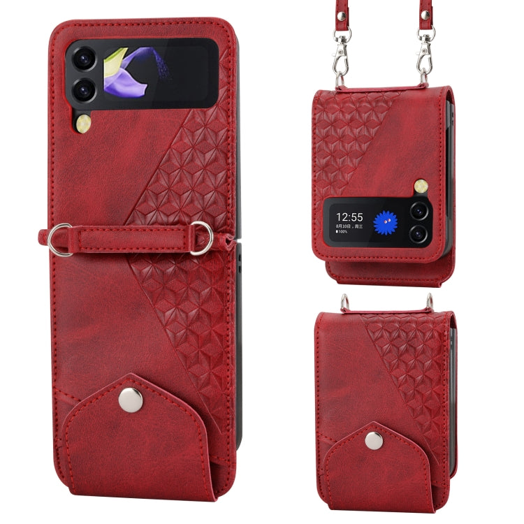 Cubic Grid Calf Texture Leather Phone Case with Neck Lanyard, For Samsung Galaxy Z Fold4, For Samsung Galaxy Z Fold3 5G, For Samsung Galaxy Z Flip4, For Samsung Galaxy Z Flip3 5G