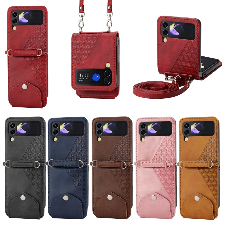 Cubic Grid Calf Texture Leather Phone Case with Neck Lanyard, For Samsung Galaxy Z Fold4, For Samsung Galaxy Z Fold3 5G, For Samsung Galaxy Z Flip4, For Samsung Galaxy Z Flip3 5G