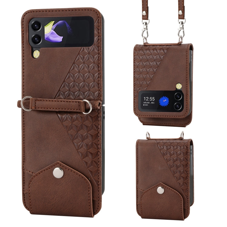 Cubic Grid Calf Texture Leather Phone Case with Neck Lanyard, For Samsung Galaxy Z Fold4, For Samsung Galaxy Z Fold3 5G, For Samsung Galaxy Z Flip4, For Samsung Galaxy Z Flip3 5G