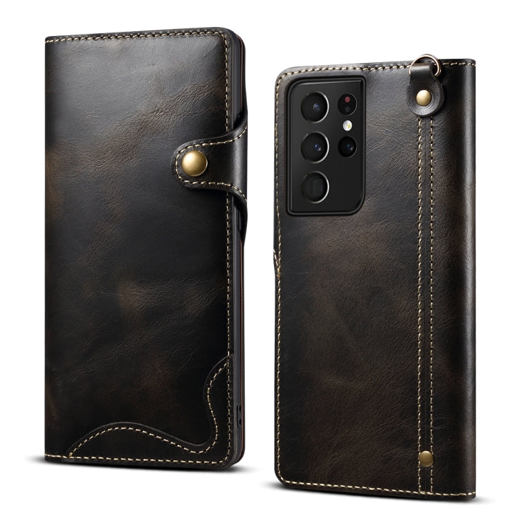 Denior Oil Wax Cowhide Magnetic Button Genuine Leather Case