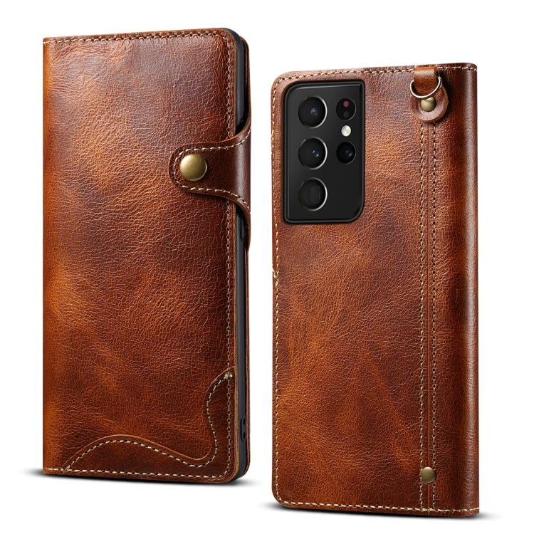 Denior Oil Wax Cowhide Magnetic Button Genuine Leather Case