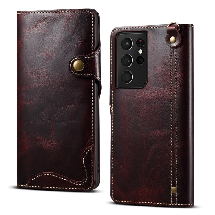 Denior Oil Wax Cowhide Magnetic Button Genuine Leather Case