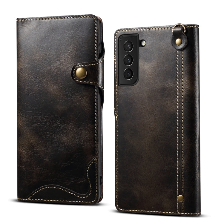 Denior Oil Wax Cowhide Magnetic Button Genuine Leather Case
