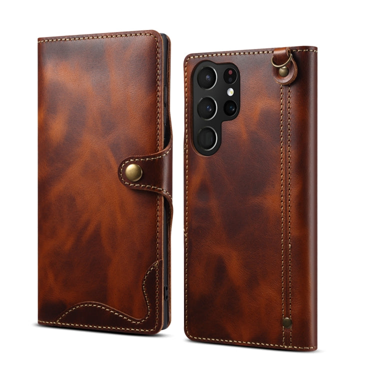 Denior Oil Wax Cowhide Magnetic Button Genuine Leather Case