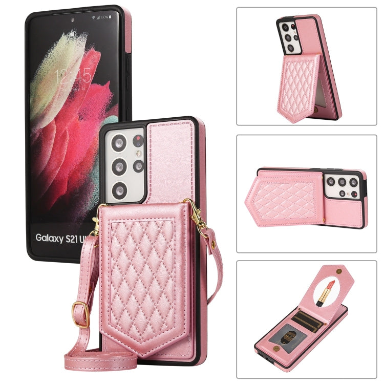 Rhombic Texture RFID Phone Case with Lanyard & Mirror