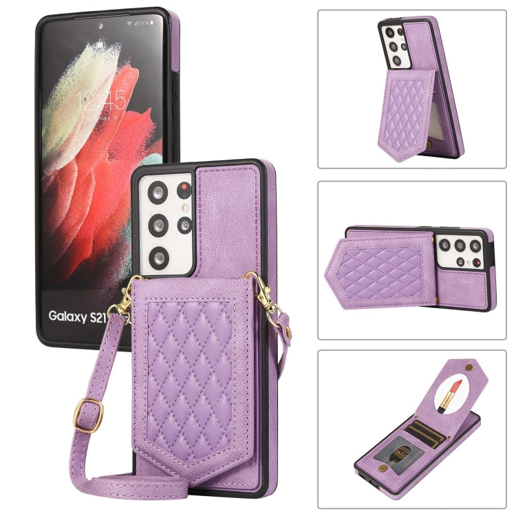 Rhombic Texture RFID Phone Case with Lanyard & Mirror