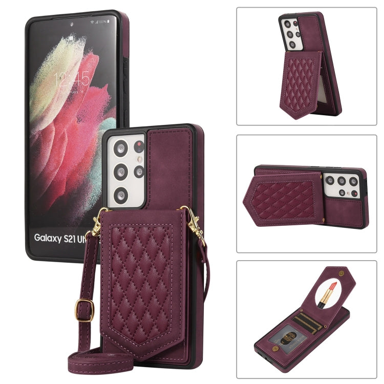 Rhombic Texture RFID Phone Case with Lanyard & Mirror