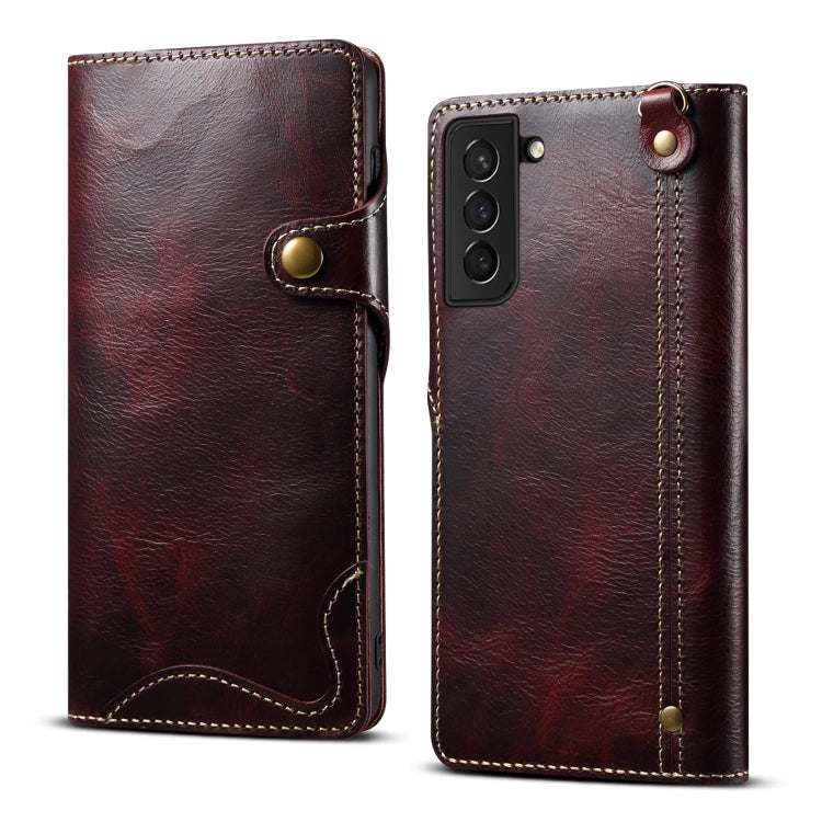 Denior Oil Wax Cowhide Magnetic Button Leather Phone Case
