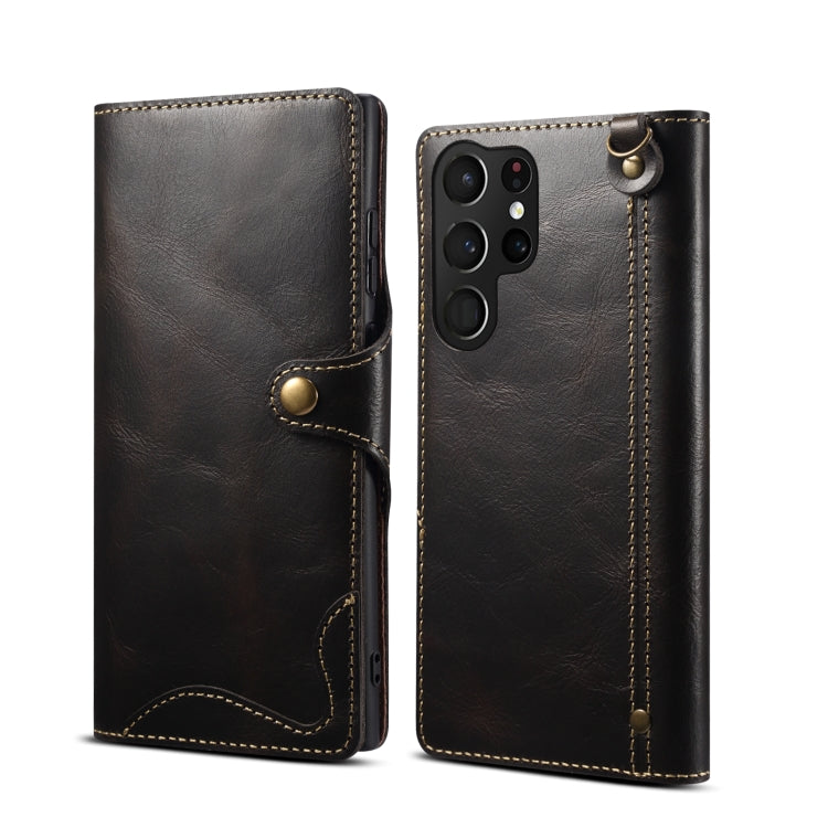 Denior Oil Wax Cowhide Magnetic Button Leather Phone Case