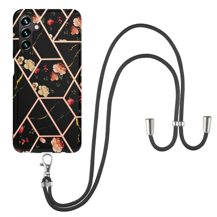 Electroplating Splicing Marble Flower IMD TPU Phone Case with Lanyard