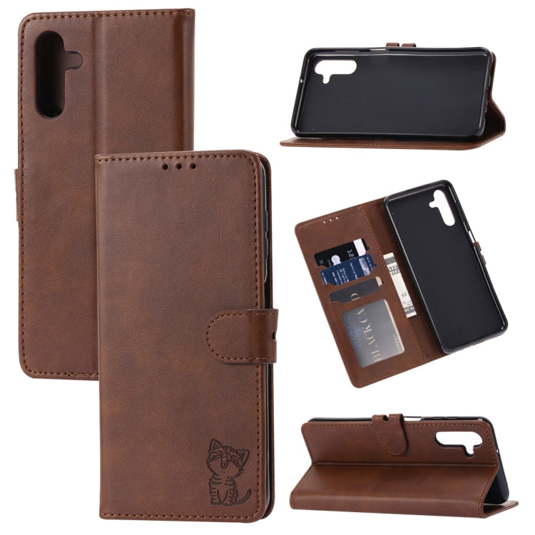 Embossed Happy Cat Pattern Flip Leather Phone Case