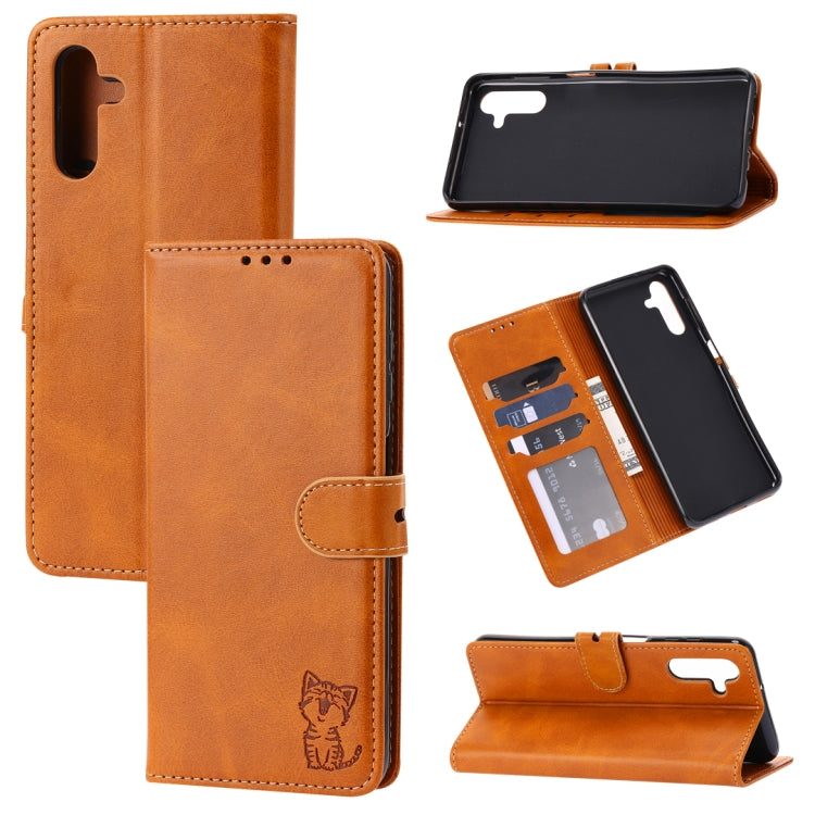 Embossed Happy Cat Pattern Flip Leather Phone Case