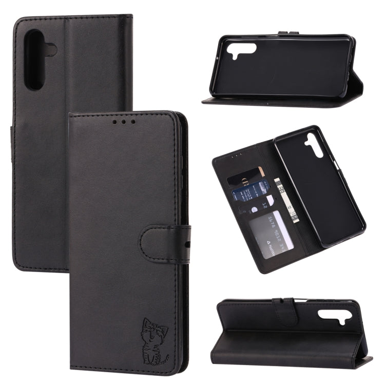 Embossed Happy Cat Pattern Flip Leather Phone Case