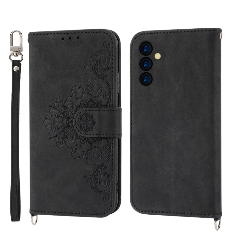 Skin-feel Flowers Embossed Wallet Leather Phone Case
