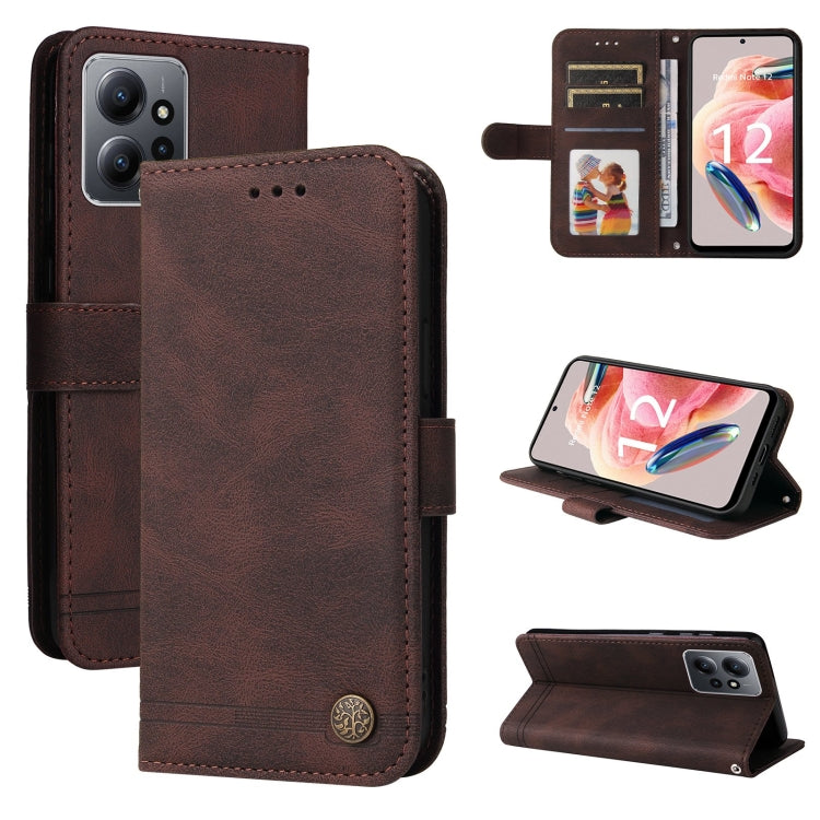 Skin Feel Life Tree Metal Button Leather Phone Case