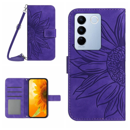HT04 Skin Feel Sun Flower Embossed Flip Leather Phone Case with Lanyard