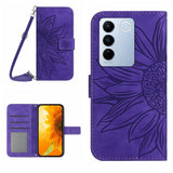 HT04 Skin Feel Sun Flower Embossed Flip Leather Phone Case with Lanyard