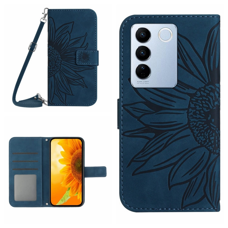 HT04 Skin Feel Sun Flower Embossed Flip Leather Phone Case with Lanyard