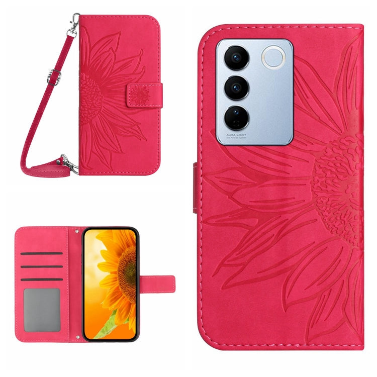 HT04 Skin Feel Sun Flower Embossed Flip Leather Phone Case with Lanyard
