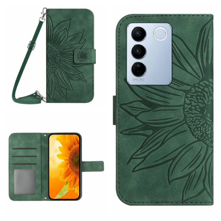 HT04 Skin Feel Sun Flower Embossed Flip Leather Phone Case with Lanyard