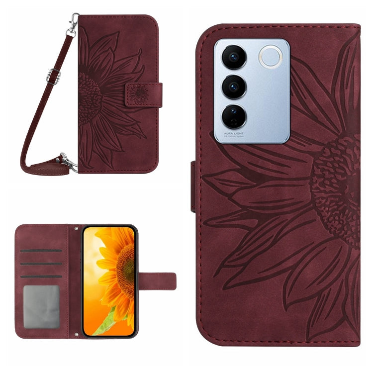 HT04 Skin Feel Sun Flower Embossed Flip Leather Phone Case with Lanyard