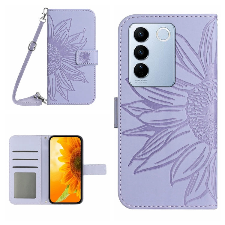 HT04 Skin Feel Sun Flower Embossed Flip Leather Phone Case with Lanyard