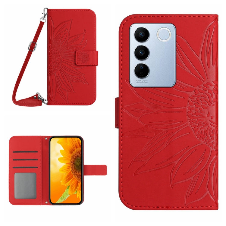 HT04 Skin Feel Sun Flower Embossed Flip Leather Phone Case with Lanyard