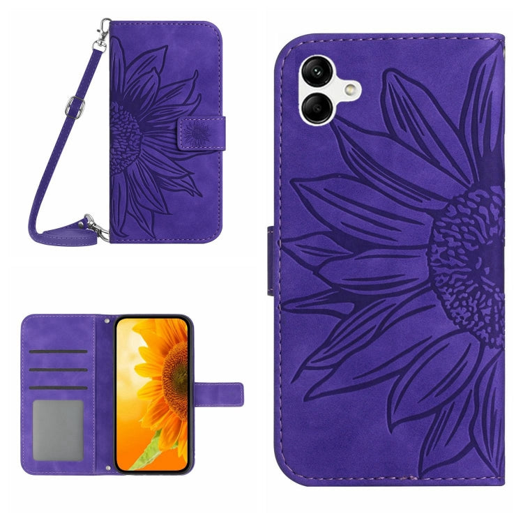 HT04 Skin Feel Sun Flower Embossed Flip Leather Phone Case with Lanyard