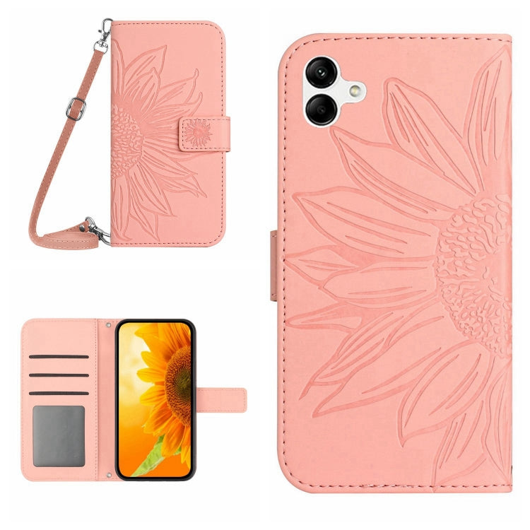 HT04 Skin Feel Sun Flower Embossed Flip Leather Phone Case with Lanyard