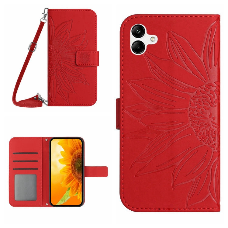 HT04 Skin Feel Sun Flower Embossed Flip Leather Phone Case with Lanyard