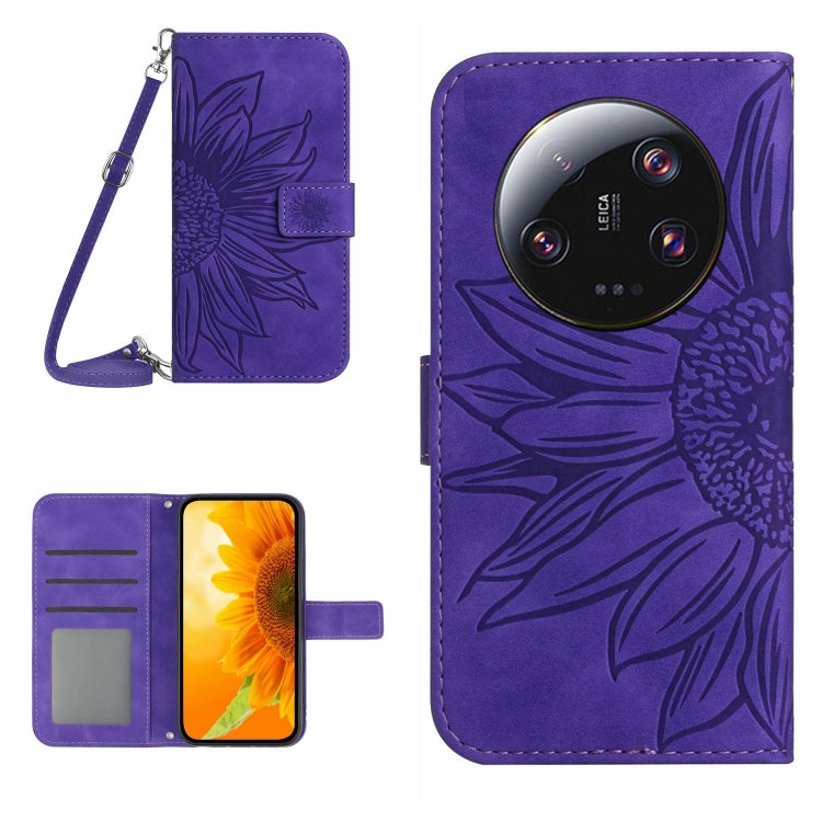 HT04 Skin Feel Sun Flower Embossed Flip Leather Phone Case with Lanyard