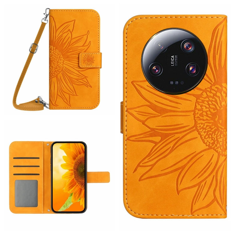 HT04 Skin Feel Sun Flower Embossed Flip Leather Phone Case with Lanyard