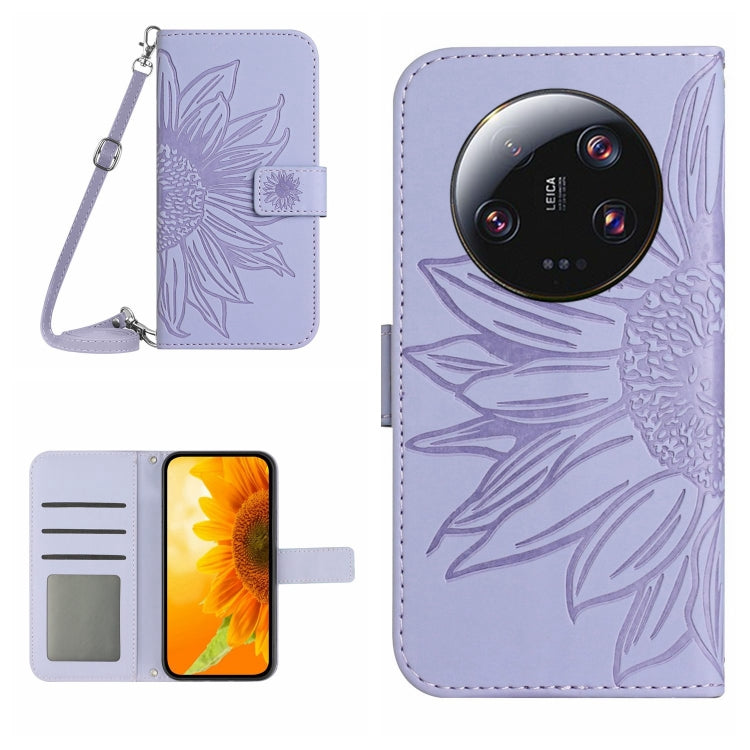 HT04 Skin Feel Sun Flower Embossed Flip Leather Phone Case with Lanyard