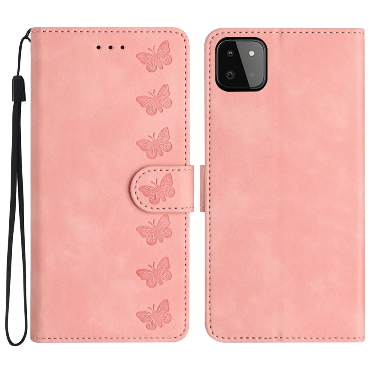 Seven Butterflies Embossed Leather Phone Case, For Samsung Galaxy A22 5G, For Samsung Galaxy A23 5G, For Samsung Galaxy A24 4G, For Samsung Galaxy A32 4G, For Samsung Galaxy A32 5G, For Samsung Galaxy A33 5G, For Samsung Galaxy A34, For Samsung Galaxy A40
