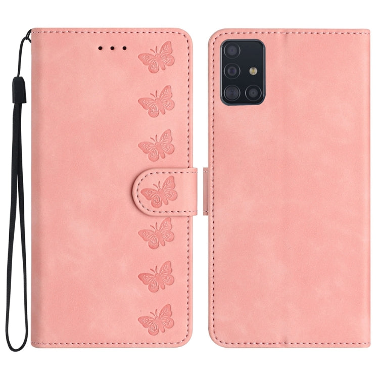 Seven Butterflies Embossed Leather Phone Case, For Samsung Galaxy A71, For Samsung Galaxy A72 5G, For Samsung Galaxy A73 5G, For Samsung Galaxy M23, For Samsung Galaxy M32, For Samsung Galaxy M52 5G, For Samsung Galaxy M53