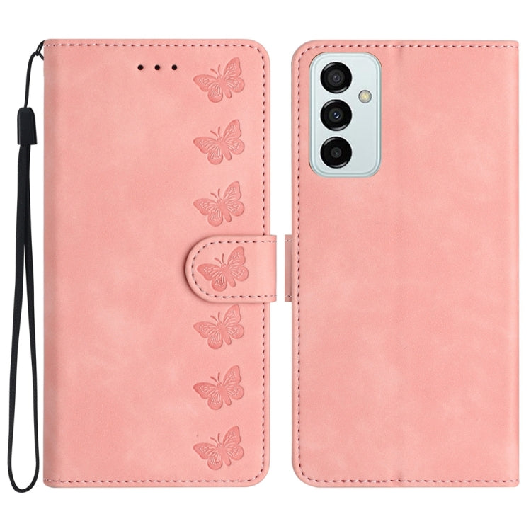 Seven Butterflies Embossed Leather Phone Case, For Samsung Galaxy A71, For Samsung Galaxy A72 5G, For Samsung Galaxy A73 5G, For Samsung Galaxy M23, For Samsung Galaxy M32, For Samsung Galaxy M52 5G, For Samsung Galaxy M53