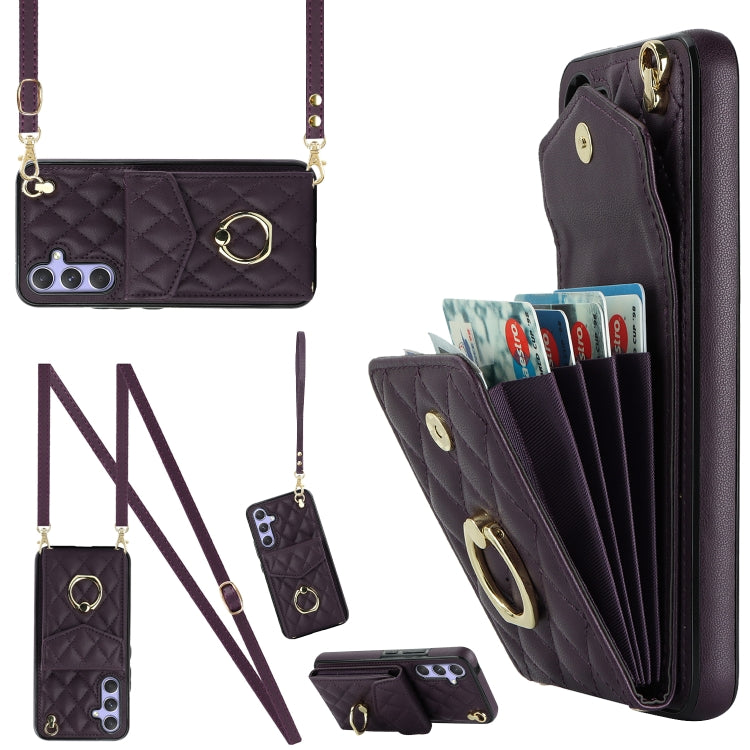Rhombic Texture Card Bag Phone Case with Long Lanyard