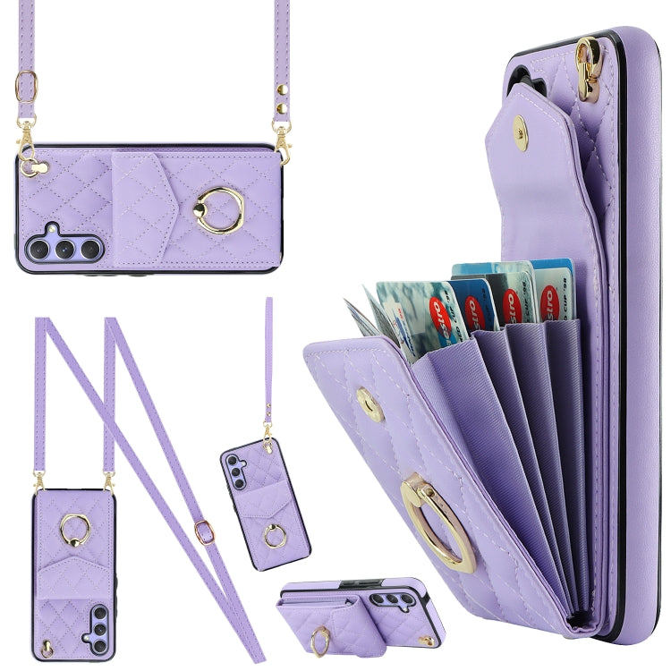 Rhombic Texture Card Bag Phone Case with Long Lanyard