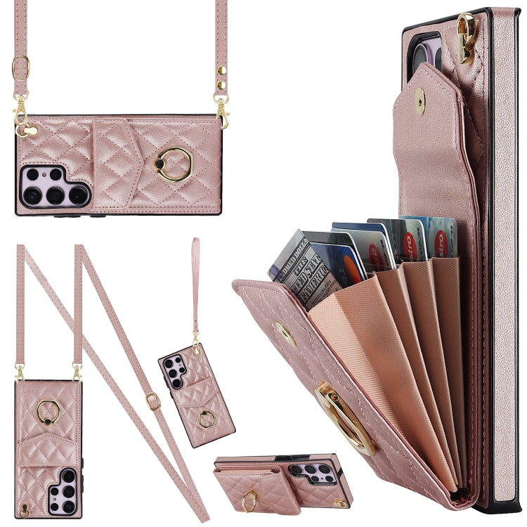 Rhombic Texture Card Bag Phone Case with Long Lanyard