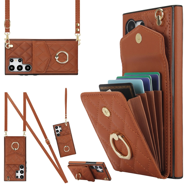 Rhombic Texture Card Bag Phone Case with Long Lanyard