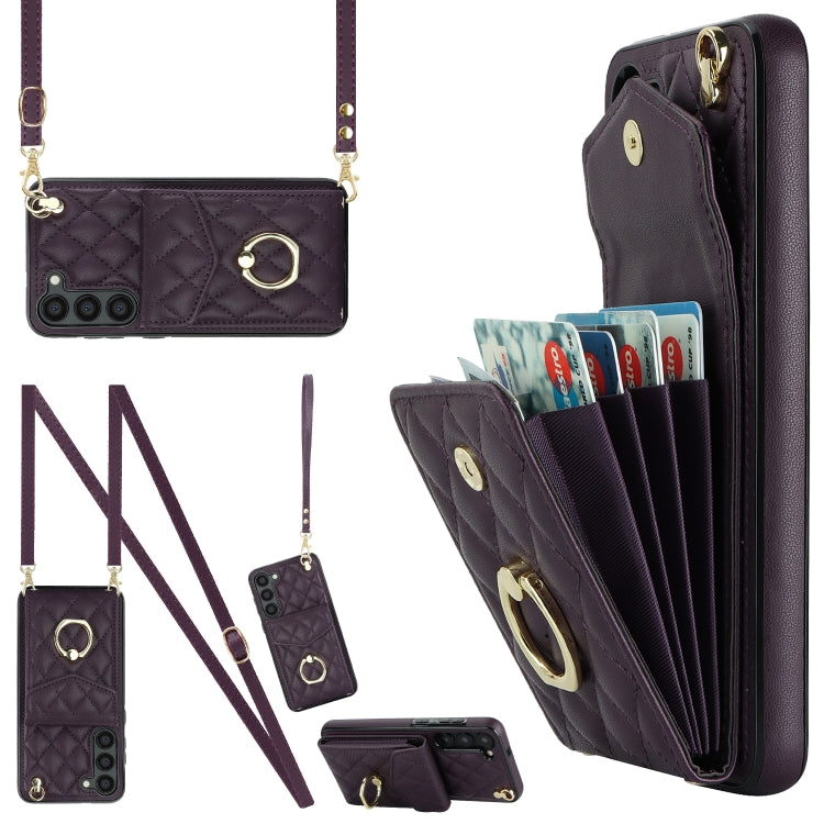 Rhombic Texture Card Bag Phone Case with Long Lanyard