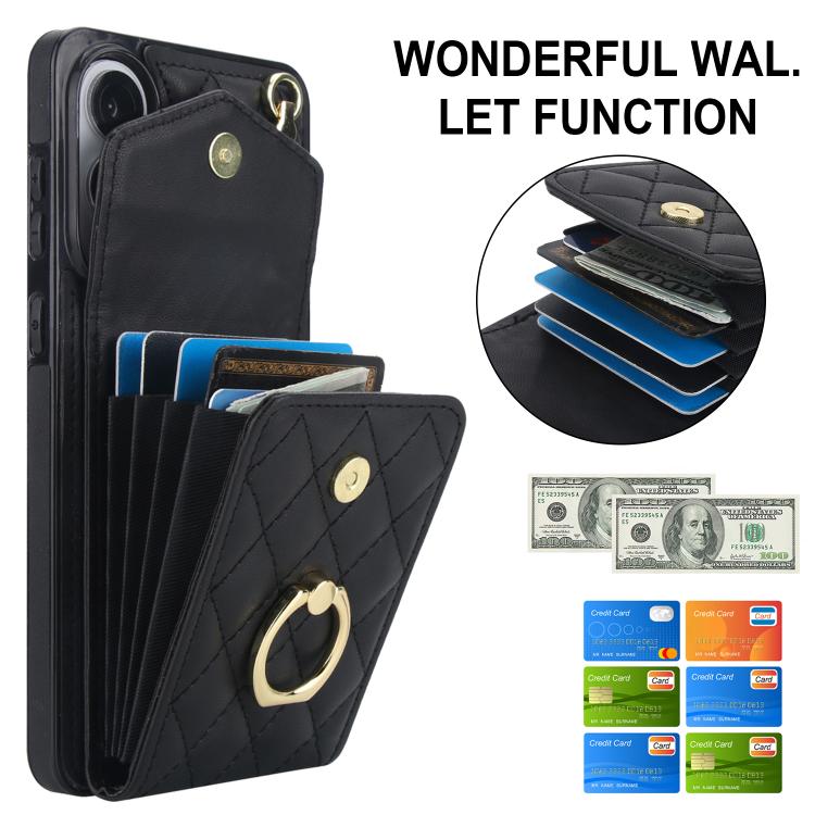 Rhombic Texture Card Bag Phone Case with Long Lanyard