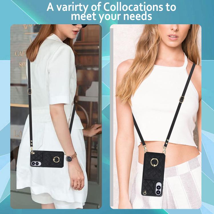 Rhombic Texture Card Bag Phone Case with Long Lanyard