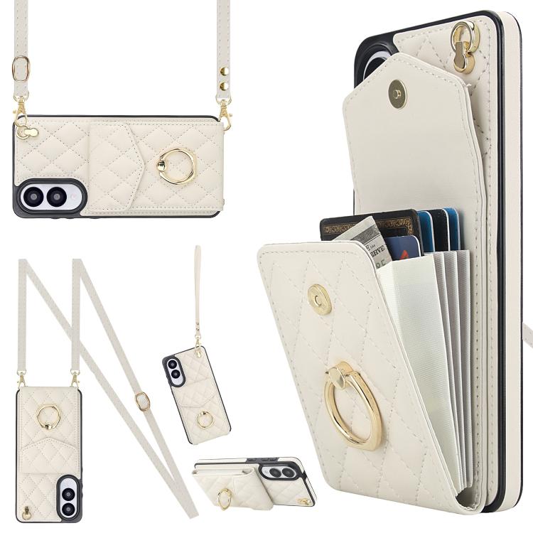 Rhombic Texture Card Bag Phone Case with Long Lanyard