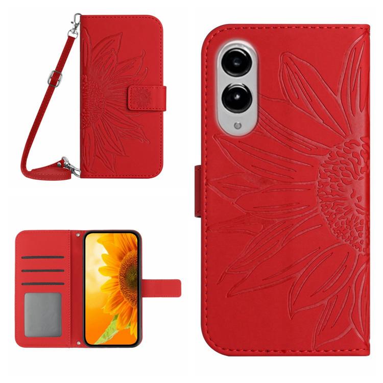 Skin Feel Sun Flower Embossed Flip Leather Phone Case with Lanyard