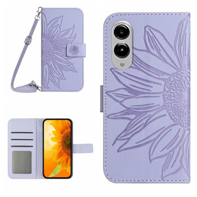 Skin Feel Sun Flower Embossed Flip Leather Phone Case with Lanyard
