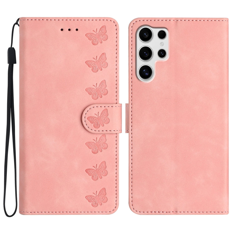 Seven Butterflies Embossed Leather Phone Case, For Samsung Galaxy S25 Edge 5G, For Samsung Galaxy S25 5G, For Samsung Galaxy S25+ 5G, For Samsung Galaxy S25 Ultra 5G, For Samsung Galaxy S24 FE 5G