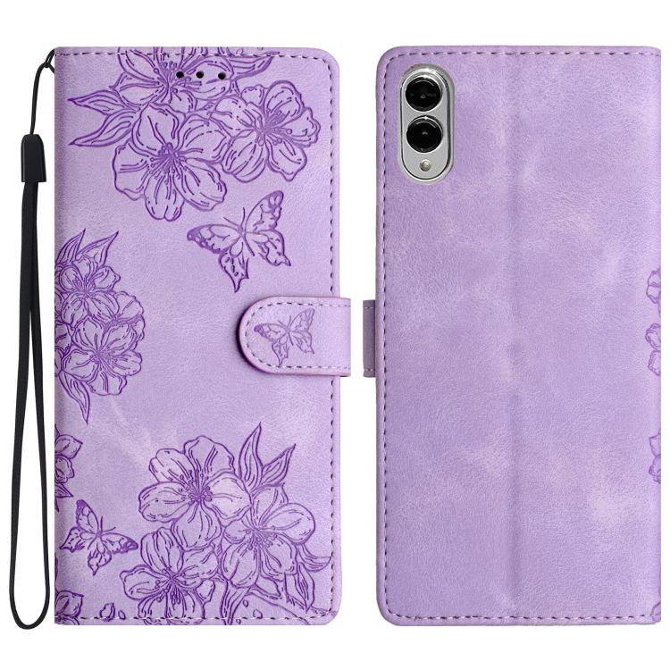 Cherry Blossom Butterfly Skin Feel Embossed PU Phone Case